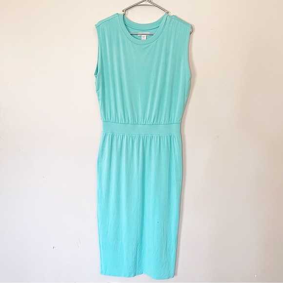 Athleta Dresses & Skirts - Athleta Santorini Cinch Dress Medium Tall Aqua Blue Modal Blend Jersey Midi Chic